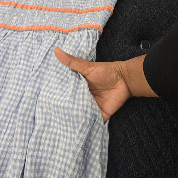 Lumière Women's Tie Shoulder Smocked Fit&Flare Blue & White Gingham Midi Dress L - Picture 12 of 12